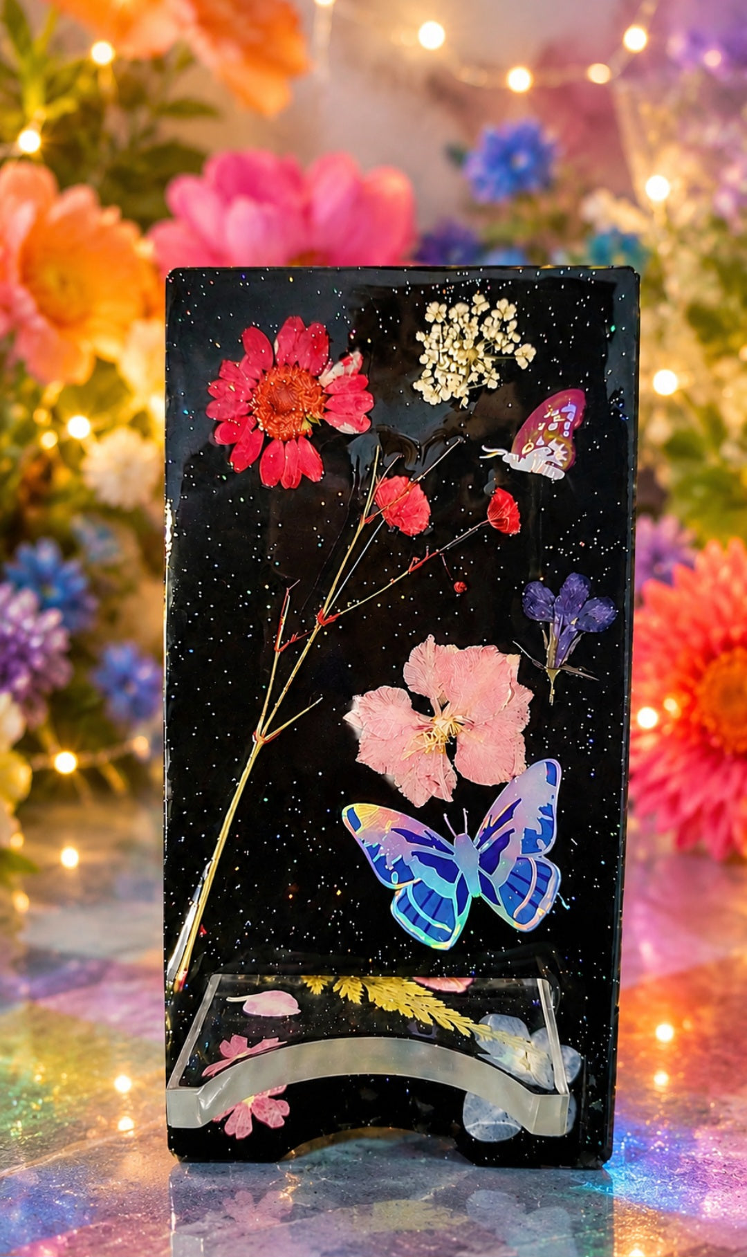 Handmade Floral Resin Cell Phone Stand | Pressed Flower Phone Holder | Butterfly Desk Accessory | Unique Gift for Her | Phone Dock