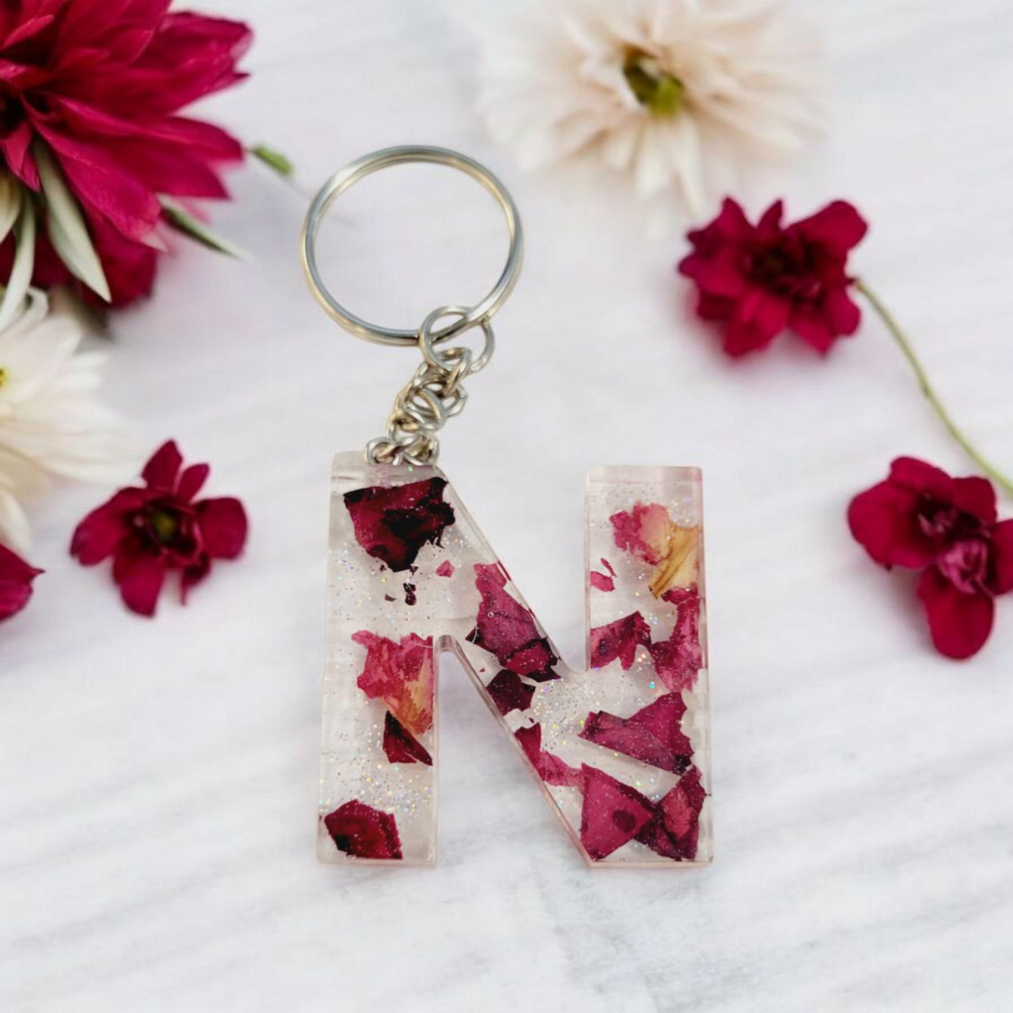 Dried Roses & holographic glitter letter Keychain