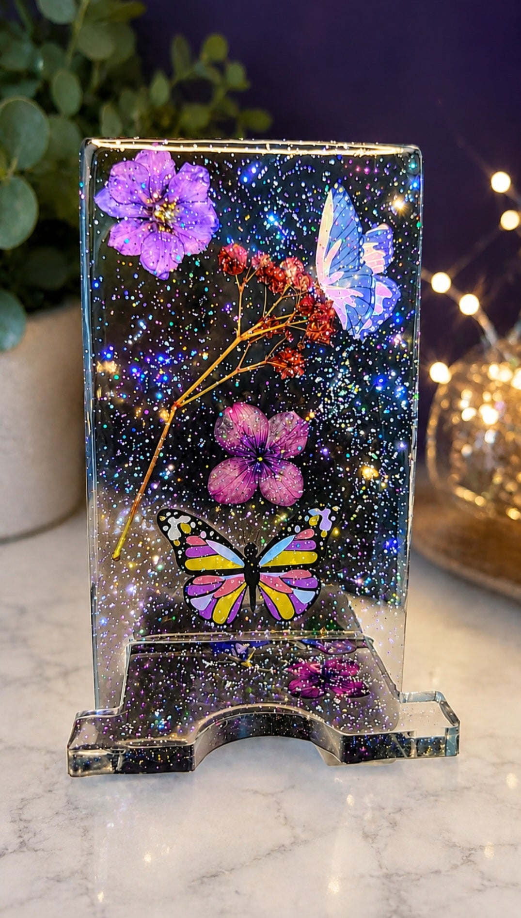 Smokey Gray Butterfly Glitter Resin Cell Phone Holder