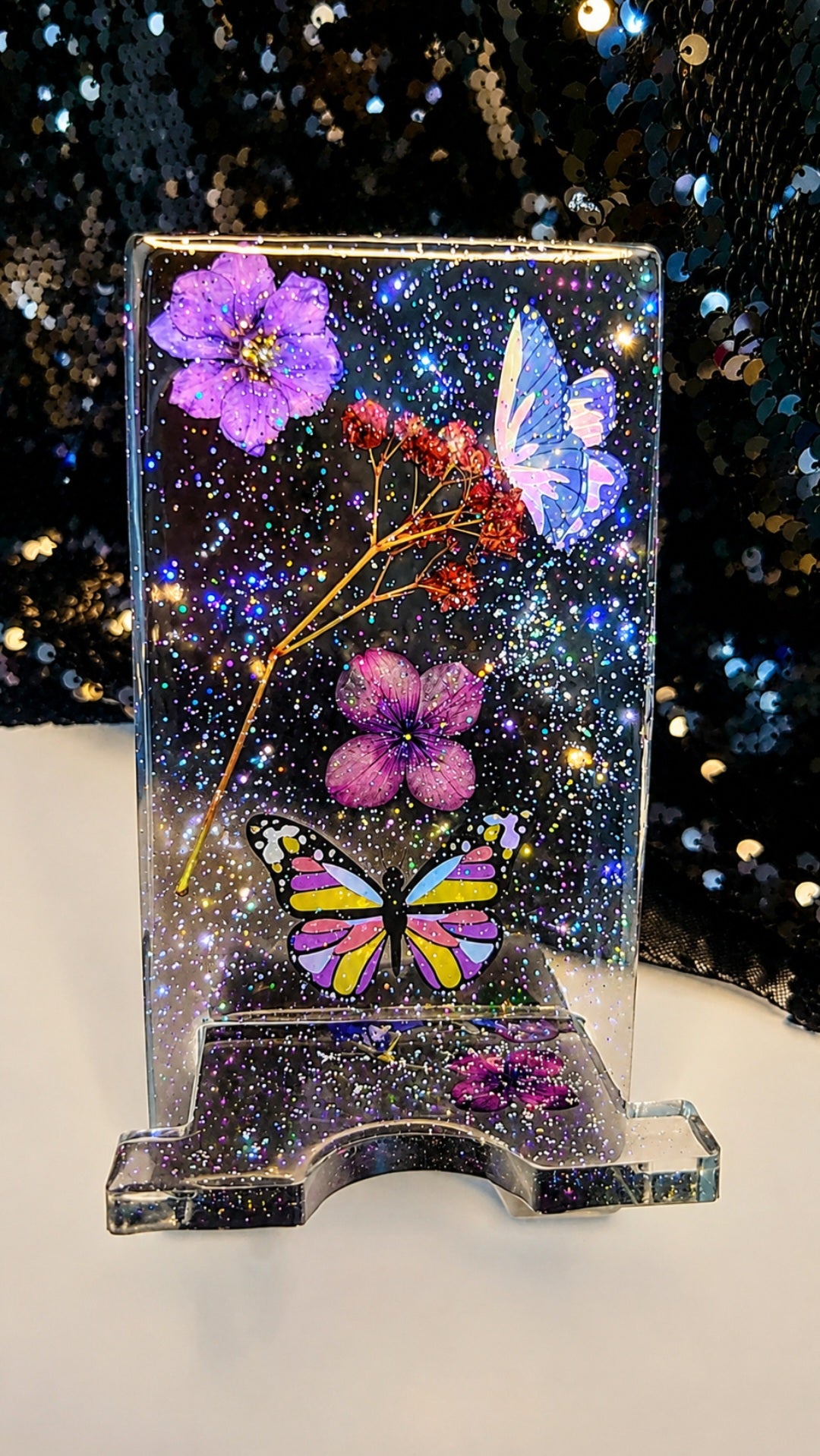 Smokey Gray Butterfly Glitter Resin Cell Phone Holder
