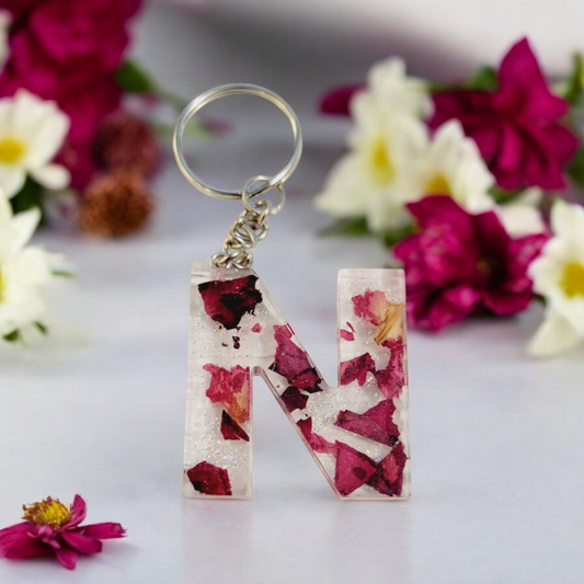 Dried Roses & holographic glitter letter Keychain