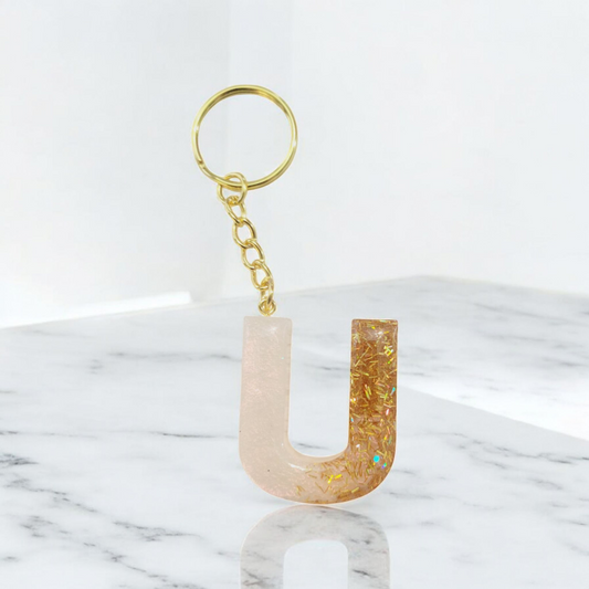 Iridescent white and gold strand letter Keychain
