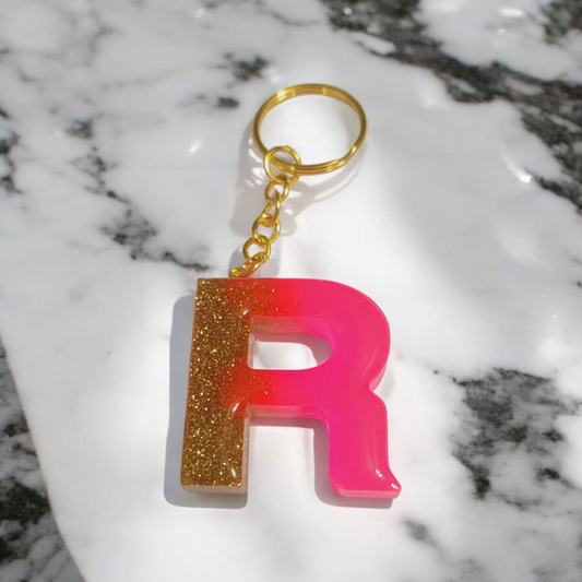 Hot Pink & Gold Glitter letter Keychain