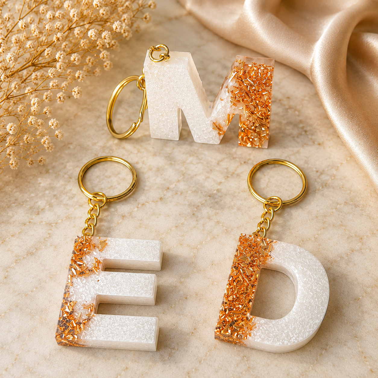 Copper Foil and Sparkling White Initial Keychain