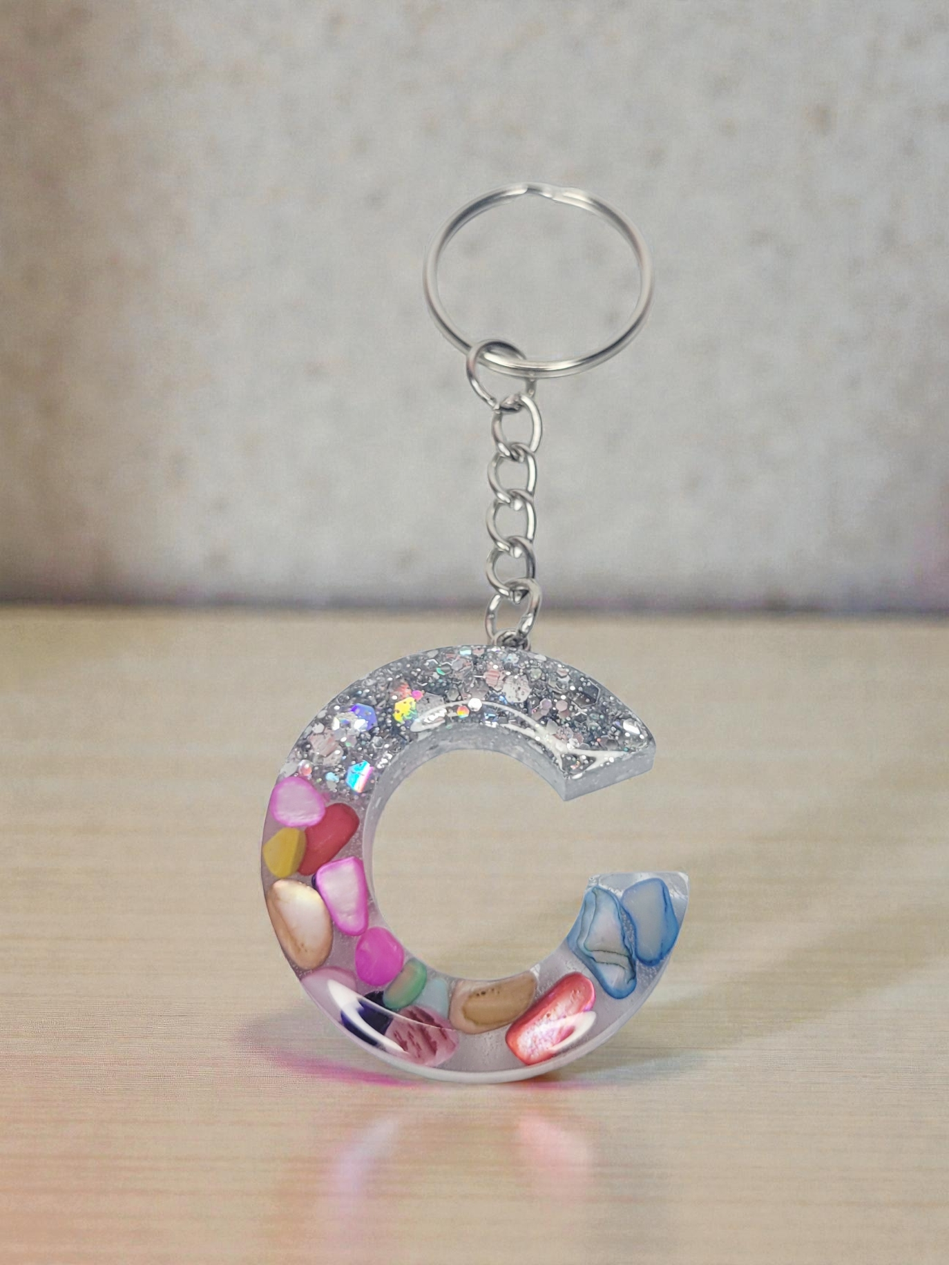 Colorful stone & silver glitter letter Keychain