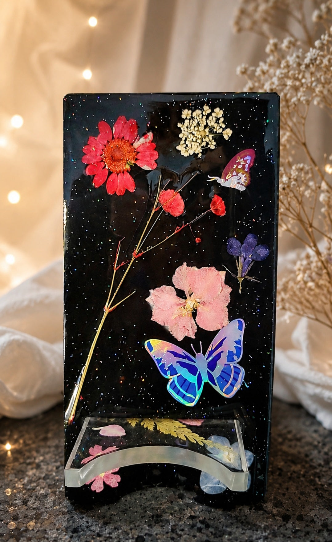 Handmade Floral Resin Cell Phone Stand | Pressed Flower Phone Holder | Butterfly Desk Accessory | Unique Gift for Her | Phone Dock