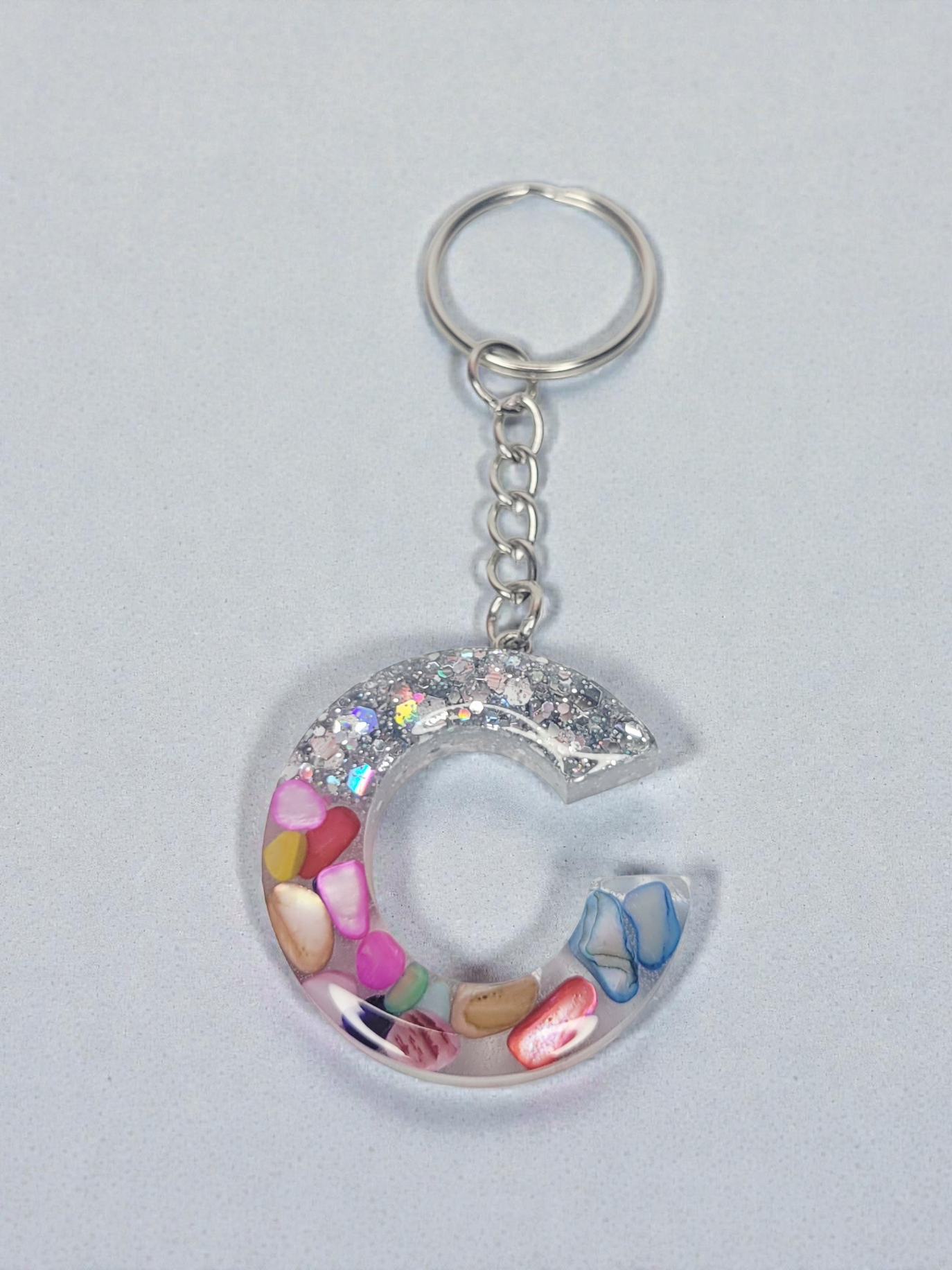 Colorful stone & silver glitter letter Keychain