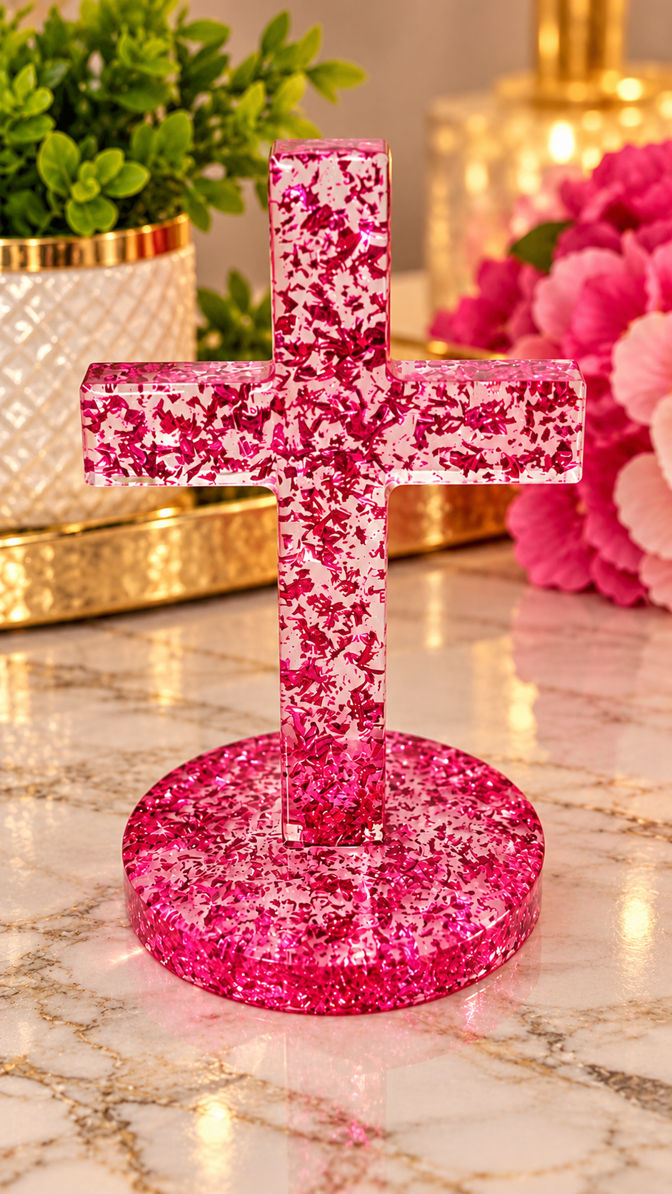 Pink Foil Cross| Inspirational Tabletop Cross | Faith Home Decoration | Resin Cross