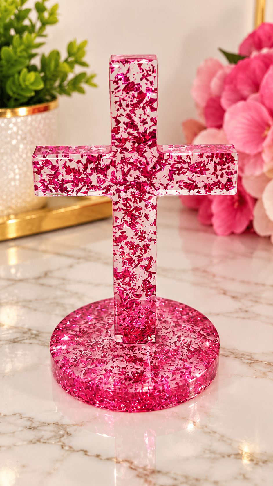 Pink Foil Cross| Inspirational Tabletop Cross | Faith Home Decoration | Resin Cross